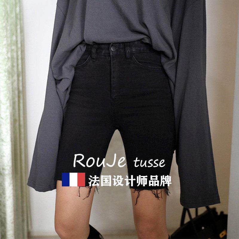 法国Rouje t腰usITKB-885女仔se高牛短裤黑色紧身中裤显瘦骑行韩
