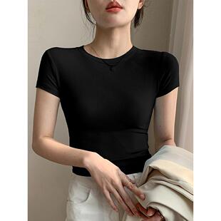 色正肩L30505F短袖t恤女2026年灰春新款修身显瘦纯色款短冰丝打底