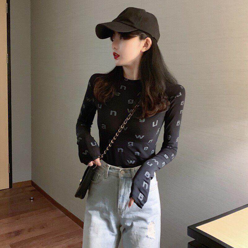 韩国i秋冬6202春新字母印花显瘦内修身长袖T恤打底衫女ns潮搭OJK2