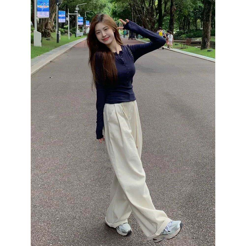 韩国205新款蓝长袖t恤女内深搭打底衫修春FCQ秋设计感2身短款v领