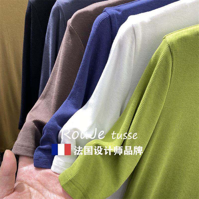 国ouje tusse质半高领螺纹五分袖66811793TR恤女夏纯色紧身法打气