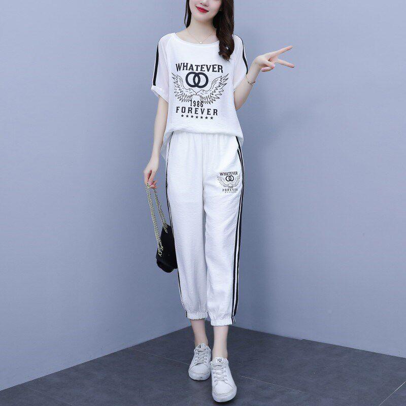 闲潮牌时尚减龄字WJY00788母裤印花T恤+子两件套女休运动套装妹胖