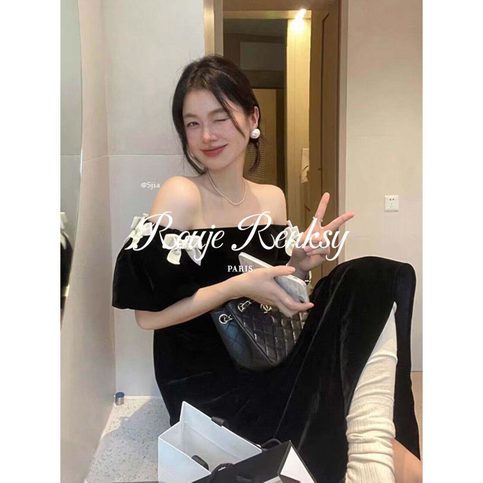 法国Rouje Renksy法式气质一字领露肩蝴蝶结收腰丝绒连衣裙女春夏