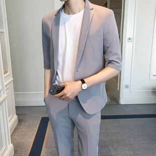 七分袖休闲小西装男套装夏季薄款韩版修身潮流帅气免熨烫西服两件