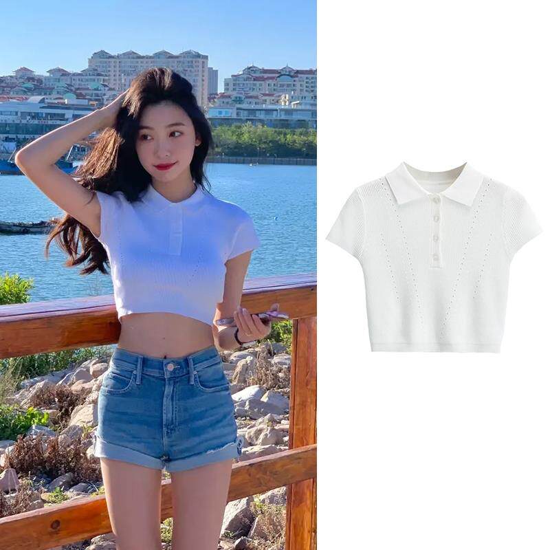 易梦玲同款性感辣妹短款露脐T恤夏季冰丝polo领高腰紧身上衣女