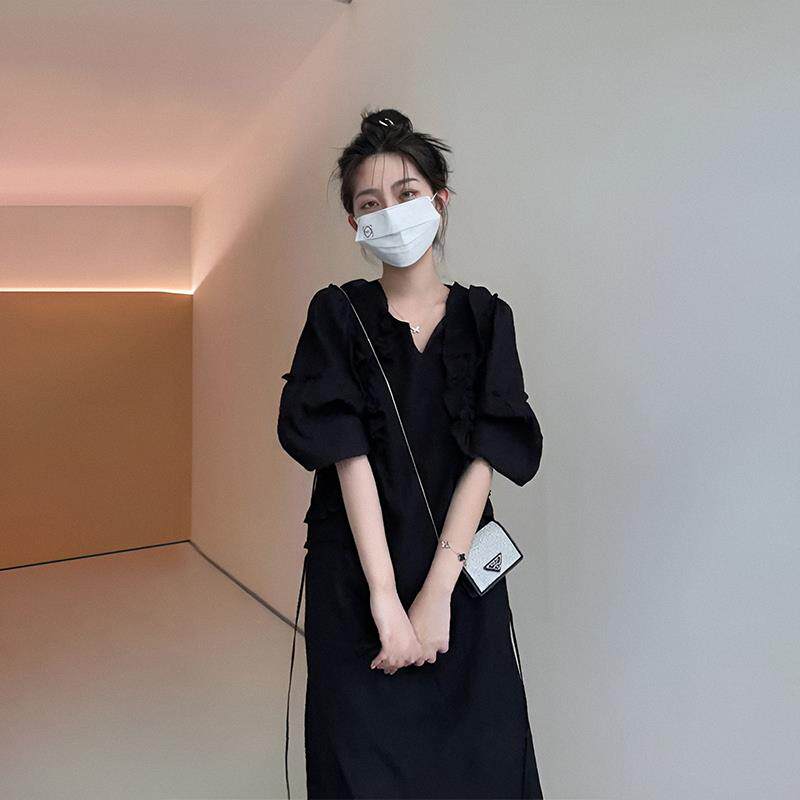 欧洲站2025年夏装新款时装小黑裙宽松遮腹显瘦连衣裙法式高冷长裙