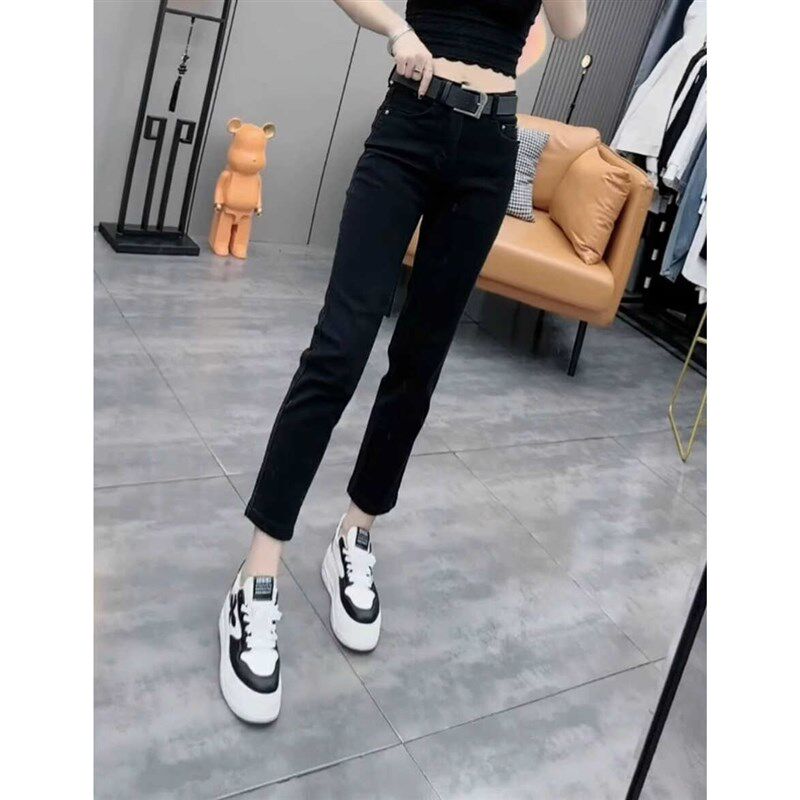 新款秋季显瘦大码烟管牛仔裤女小个子胖妹妹高腰弹力八九分直筒裤