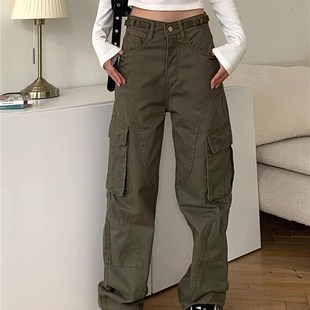 街头高街宽松直筒军绿色工装 高腰阔腿裤 牛仔裤 女装 显瘦潮 大码 美式