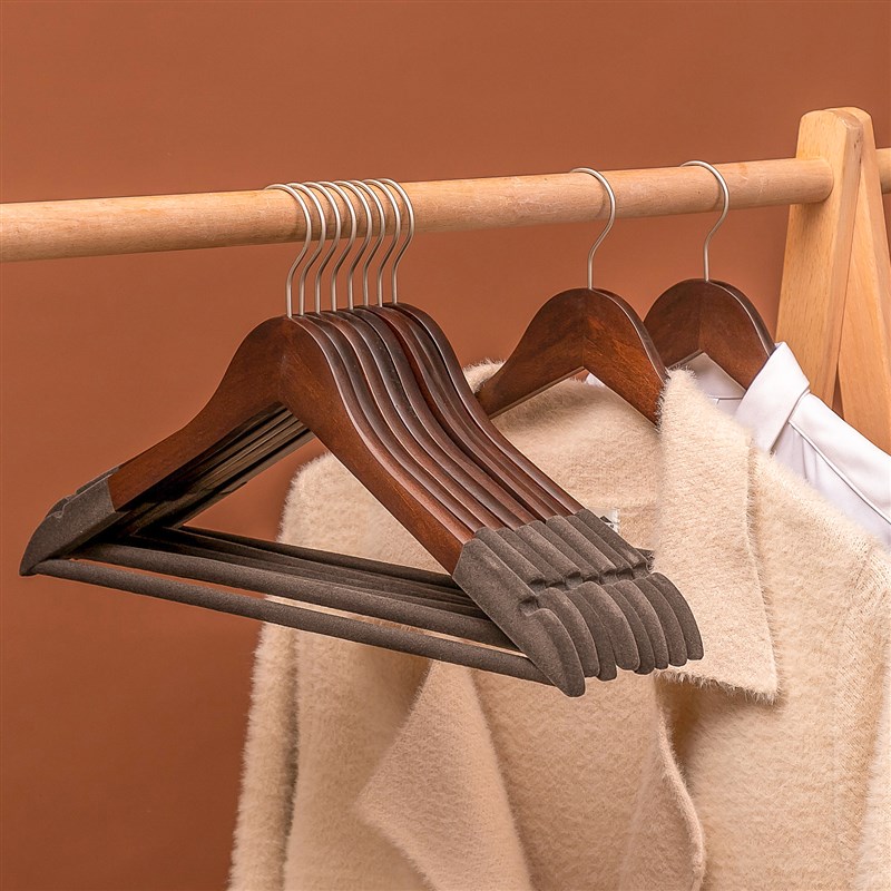 植绒实木衣架防滑无痕家用挂衣撑衣服架子木质木头衣柜收纳服装店