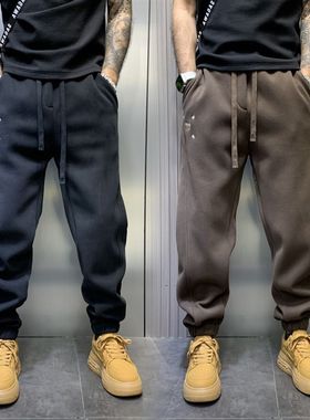 冬季新款加绒加厚束脚运动裤男简约拼接微垮哈伦裤S松紧腰休闲厚