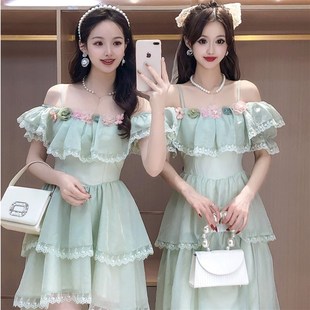 艾日秀春夏法式 甜美欧若风收腰显瘦减龄花朵一字肩蕾丝吊带连衣裙