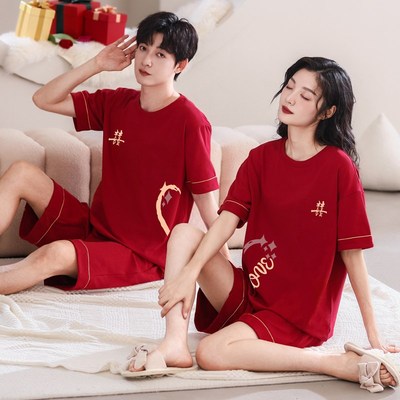 2025夏季纯棉新婚结婚情侣睡衣红色短袖短裤男女款喜庆家居服套装