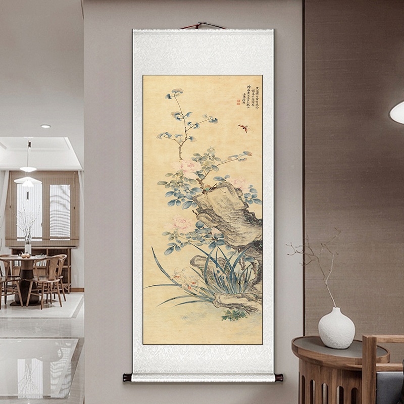 蒋溥兰石图卷轴挂画梨花竹子花鸟国画新中式客厅书房茶室玄关壁画