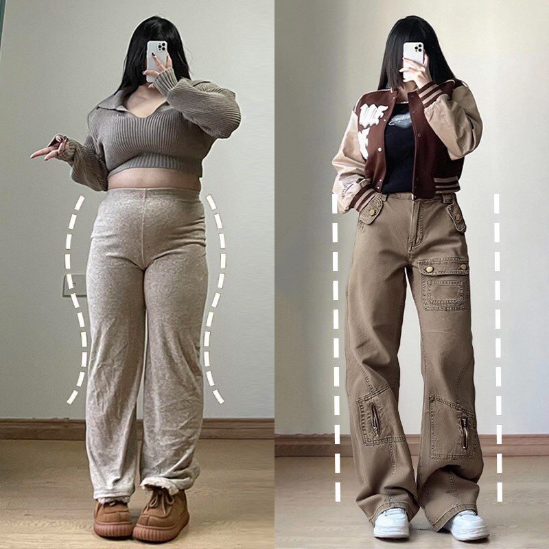 特大码胖mm棕色高腰弹力微喇牛仔裤女美式辣妹设计感多口袋工装裤