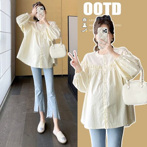 孕妇装秋季时尚宽松毛衣拼接连衣裙圆领个性衬衫上衣韩版甜美衬衣