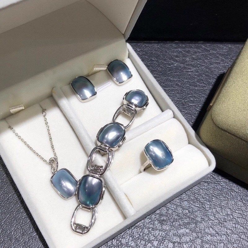 小魔方套装,海水马贝方块四件套通体纯银,吊坠戒指耳钉手链