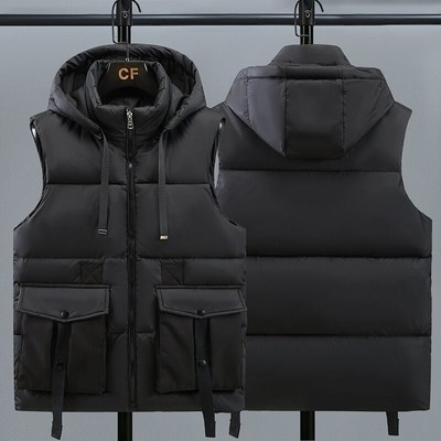 羽绒棉马甲男连帽绿色大口袋大码A青少年初中高中学生大童秋冬背