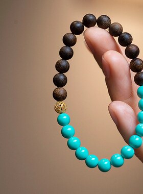 天然原矿湖北高绿绿松石手串搭配奇楠老料沉香木手链显白新中式女