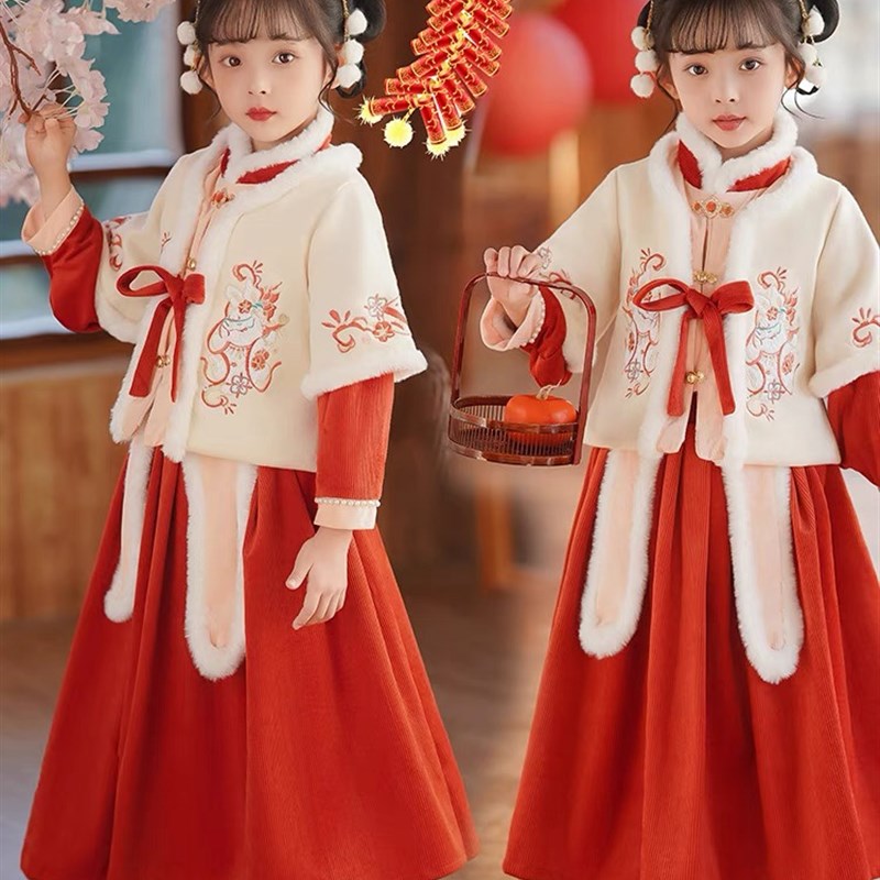 女童汉服冬装f拜年服红色喜庆假两件连衣裙加绒加厚新女宝宝过年