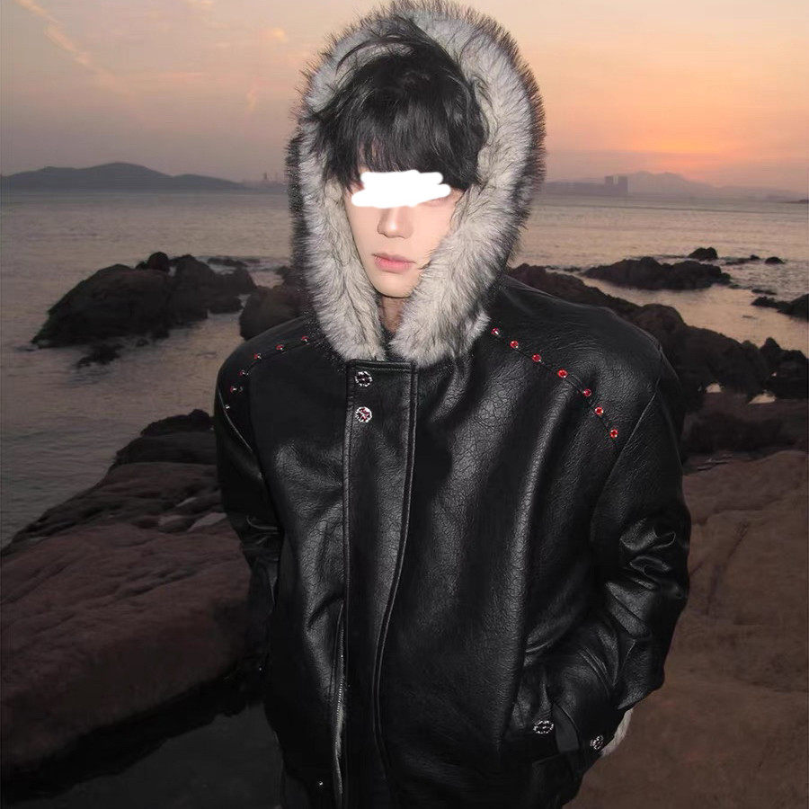 美式黑色连帽座山雕皮衣外套棉服男冬季加绒加厚痞帅毛领棉衣夹克