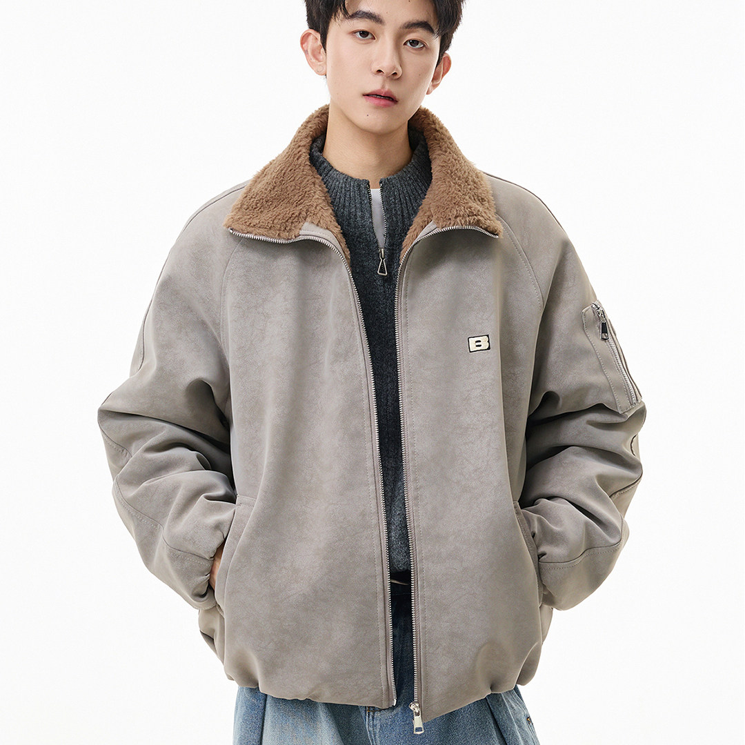 拼色翻领羊羔绒PU皮棉服男冬加绒