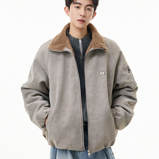 拼色翻领羊羔绒PU皮棉服男冬加绒加厚美式潮牌痞帅青少年保暖外套