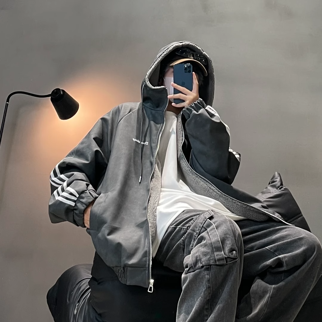 逸古森美式复古连帽棉衣