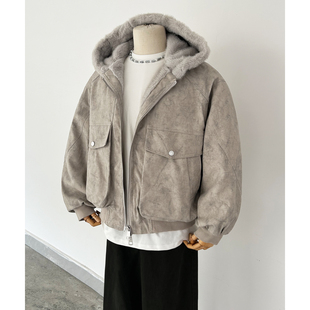 冬季新款加厚保暖大理石纹理棉衣棉服男宽松百搭连帽座山雕外套潮