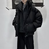 韩版 冬季 2025新款 假两件棉服男痞帅黑色加厚潮牌立领棉衣休闲外套