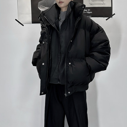 冬季2025新款韩版假两件棉服男痞帅黑色加厚潮牌立领棉衣休闲外套