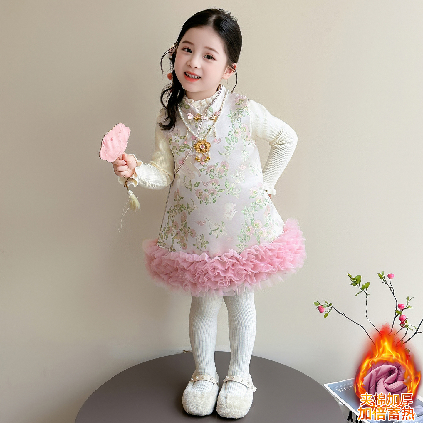 女童新中式旗袍连衣裙过年套装