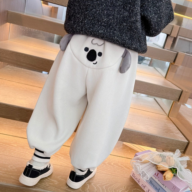 女童加绒卫裤秋冬款女宝宝洋气卡通小狗宽松束脚裤加厚保暖运动裤
