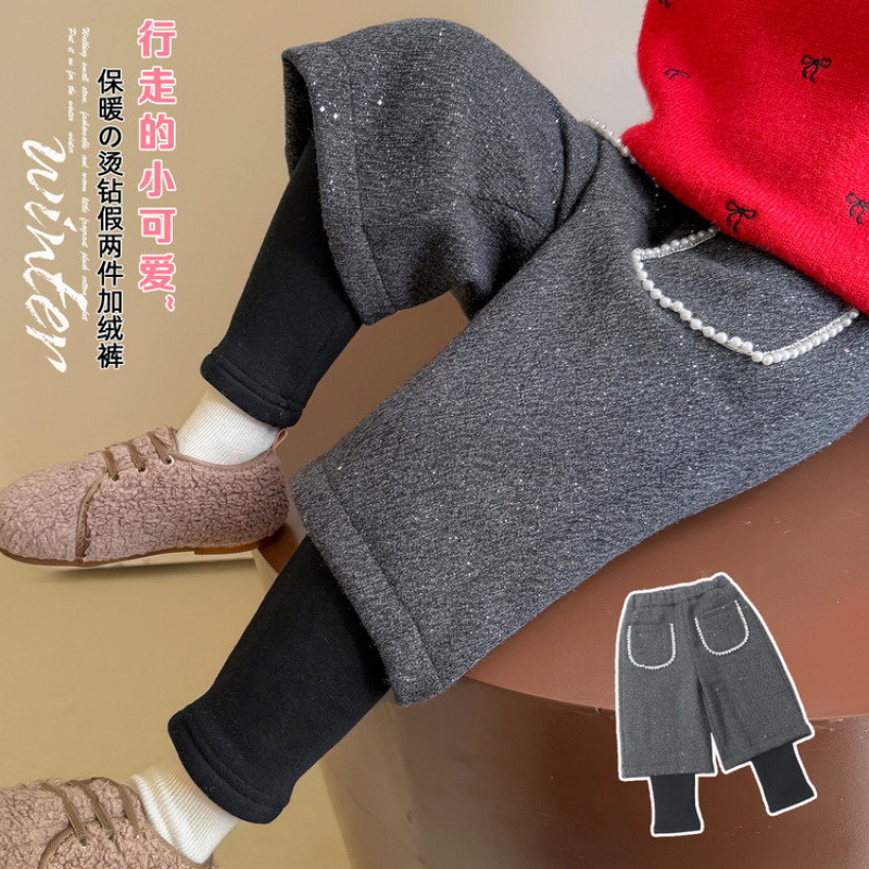 女童撒银加绒假两件直筒裤