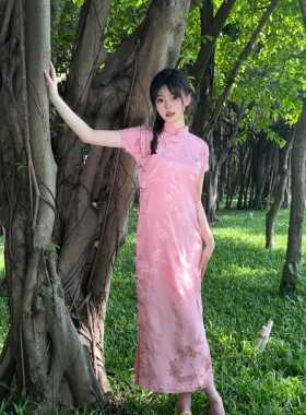 澜竹古法旗袍2024新款夏季粉色平裁日常少女复古民国气质改良显瘦