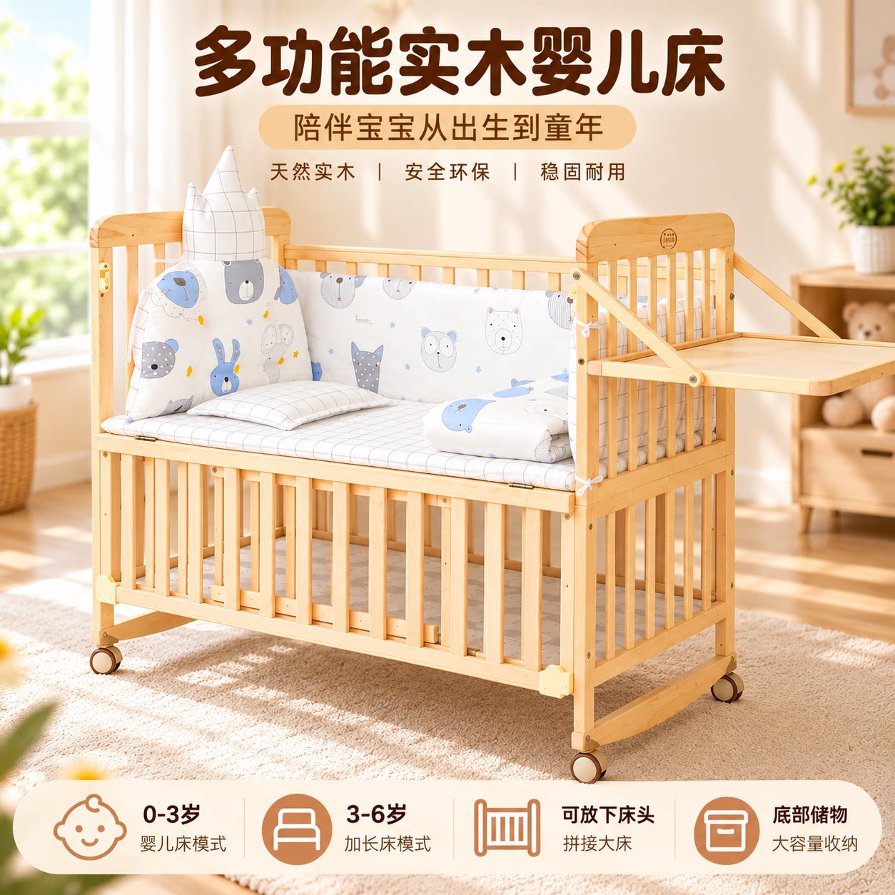 智童实木松木婴儿床新生儿宝宝bb摇篮多功能无漆可移动拼接大床