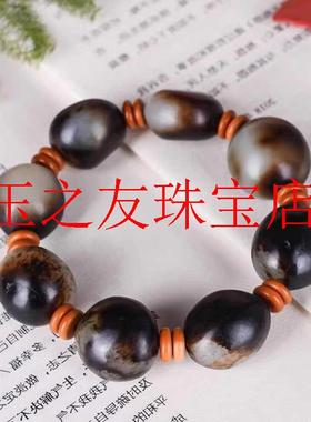 高档新疆和田玉羊脂黑皮随形手串原石籽料青花手链高级感男女同款