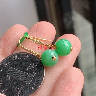 缅甸冰种金耳挂镶满色阳绿翡翠色圆珠耳环女款简约百搭时尚耳饰品