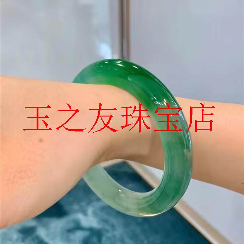 缅甸翡翠色手镯冰种绿底飘花圆条手镯翠绿半山半水平安镯时尚女款