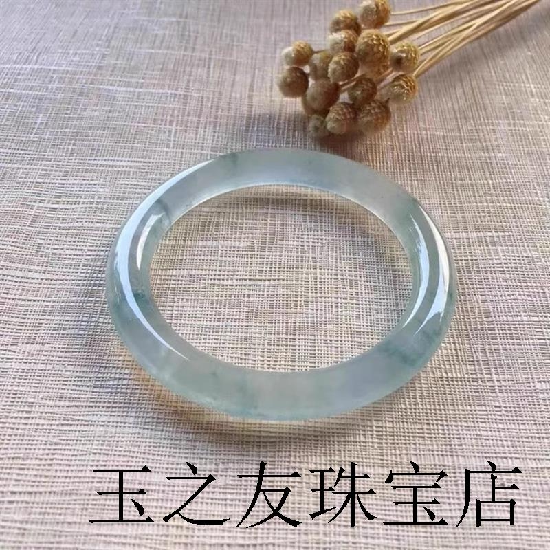 缅甸冰种圆条翡翠色手镯飘花贵妃玉手镯正圈贵妃原石手镯料少女款