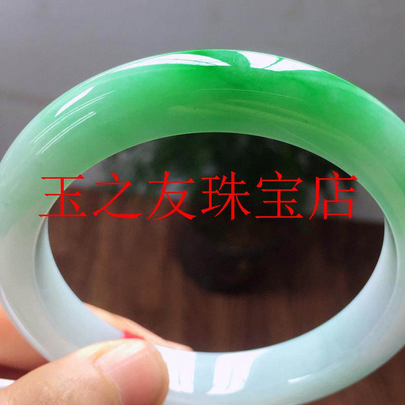 缅甸老坑翡翠玉手镯冰糯种白绿飘花正圈圆条气质款贵妃玉镯子女款