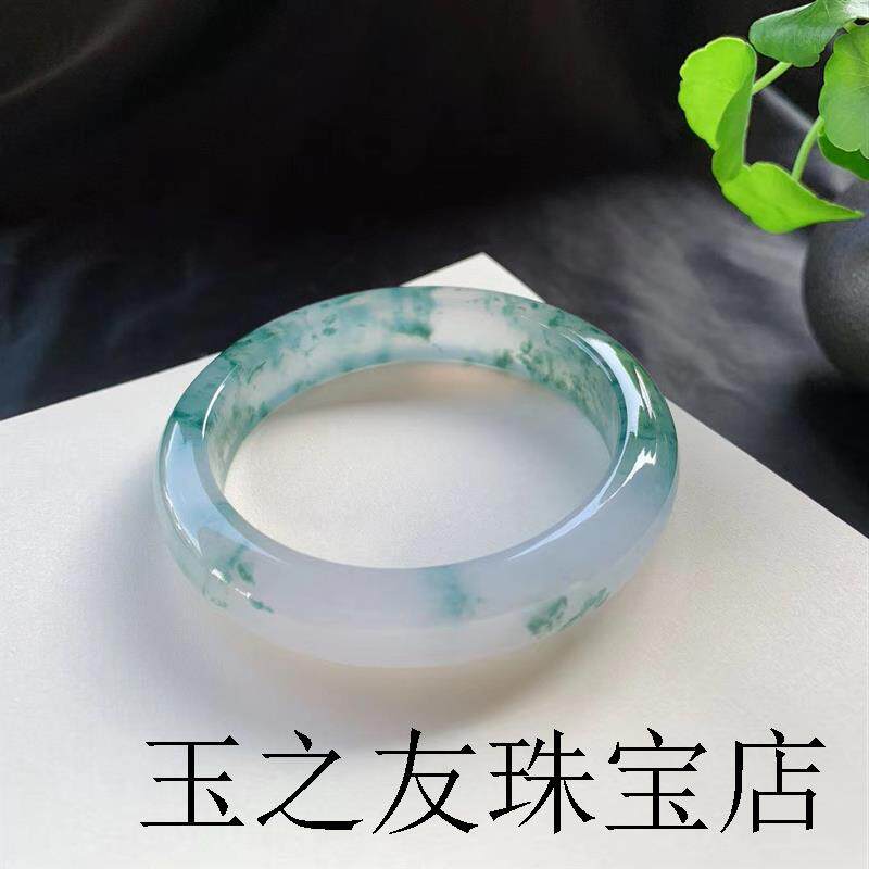 冰种飘花翡翠手镯女式礼品油润冰透飘绿蓝花镯子玉石老坑处理正圈