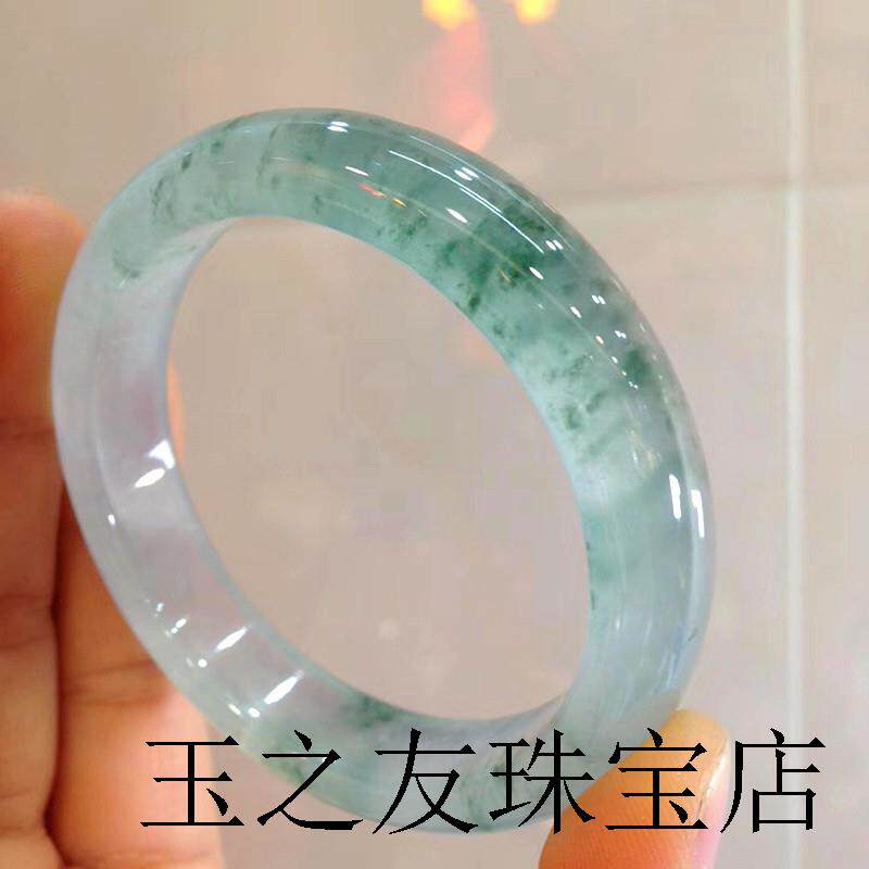 缅甸翡翠色老坑晴水冰种飘花玉手镯正圈冰透飘兰花玉镯贵妃女送礼