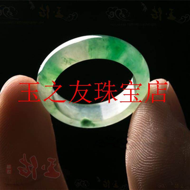 翡翠色高冰种戒指阳绿色飘花珠宝男女款玉石飘绿指环尾戒窄款扳指