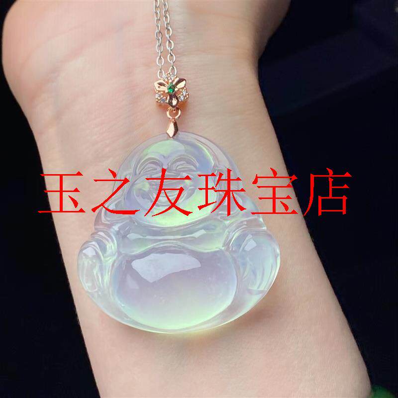 老坑翡翠色冰底神像吊坠保平安女款弥勒佛玉坠毛衣链缅甸玉器处理
