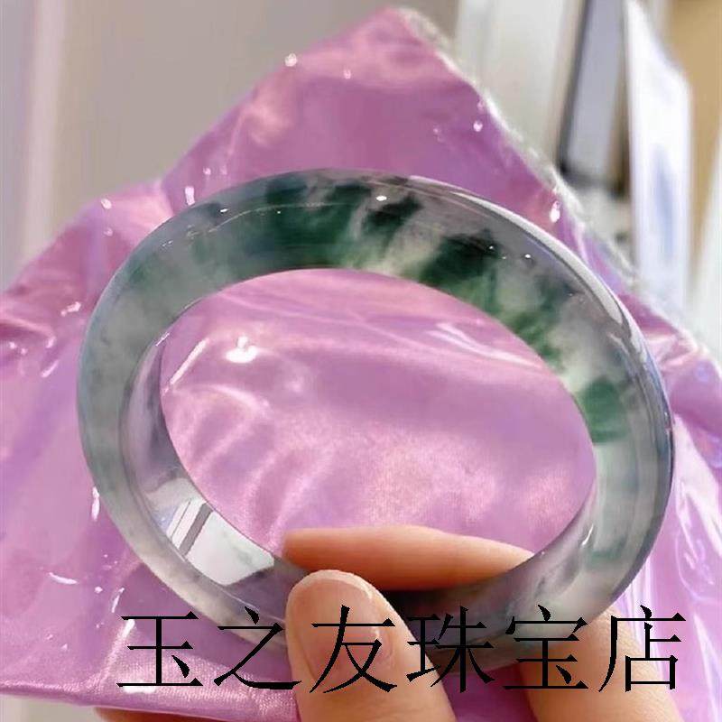 缅甸冰种玉石飘花翡翠色正圈老坑圆条玉手镯少女绿花玉器女款处理