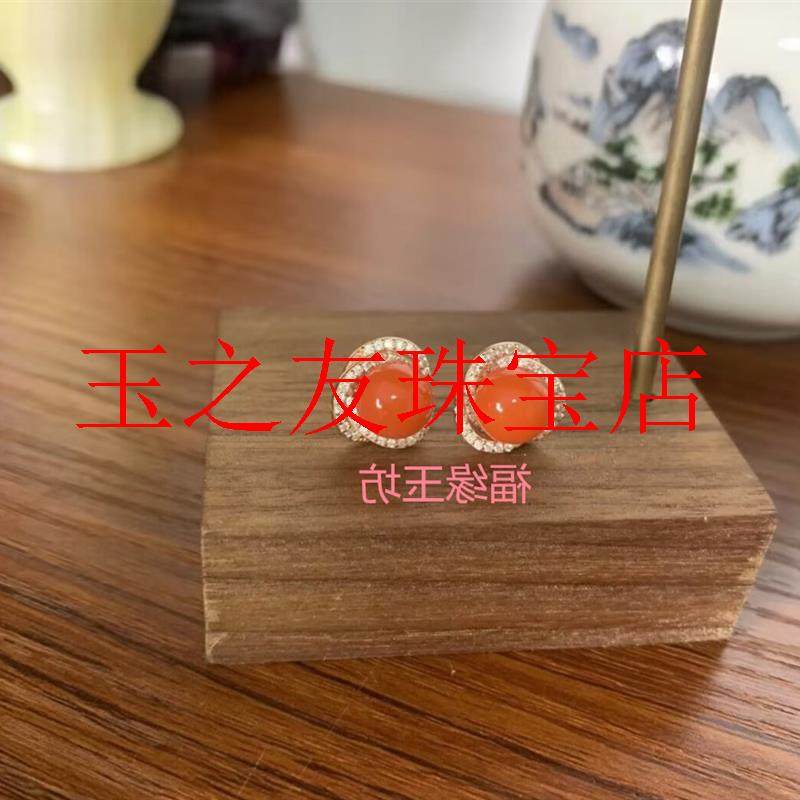 精品冰红色南红玛瑙耳钉砖红色圆珠散珠配饰通体银耳饰简约百搭款