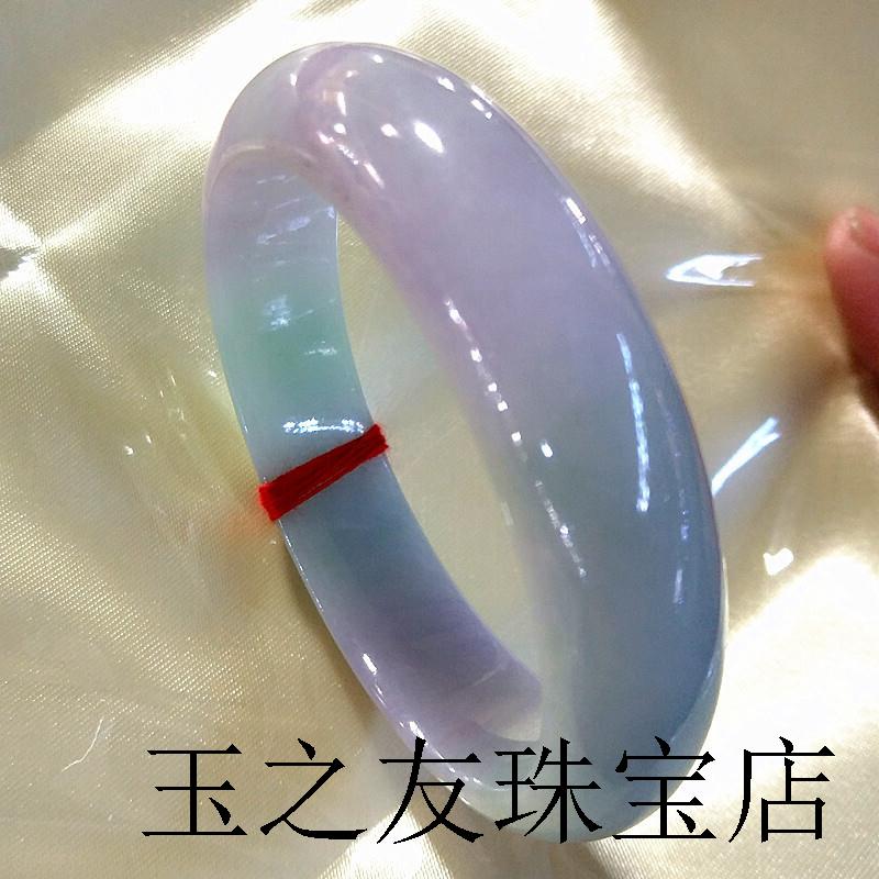 精品缅甸老坑翡翠色冰糯种春带彩浅紫色玉石手镯时尚百搭小清新女