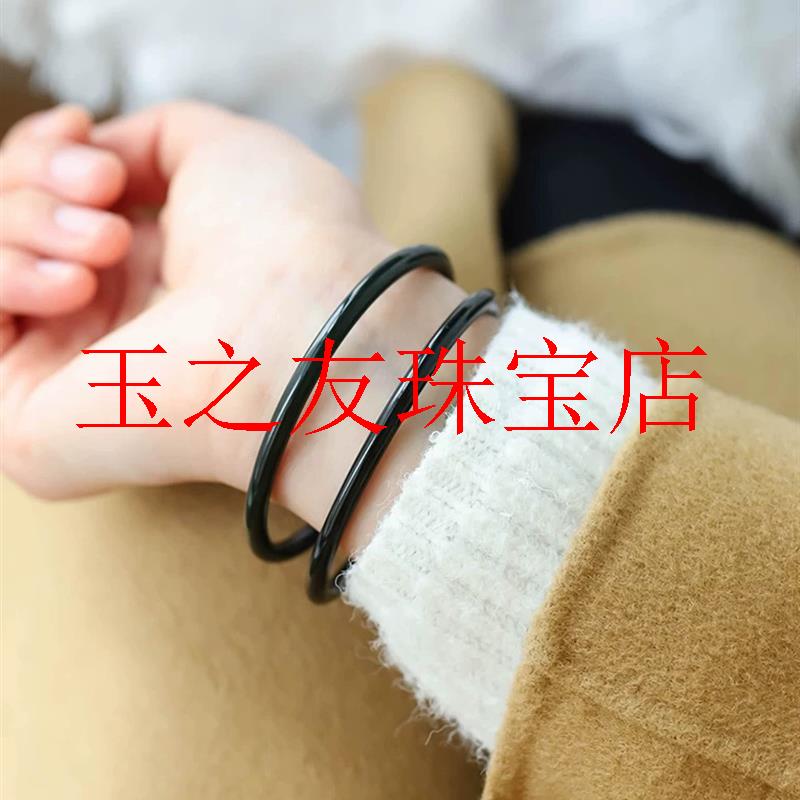 精选老矿新疆黑塔青和田玉墨玉叮当镯女款小细圆条手乌鸡玉镯送礼