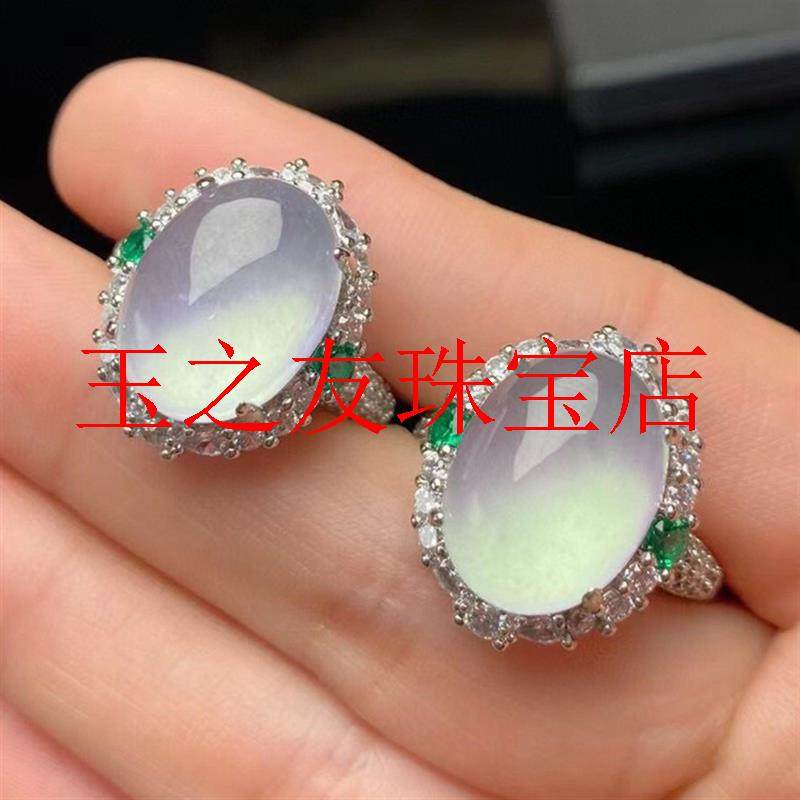 缅甸翡翠色高冰种玉戒银镶嵌晴水白冰蛋面银戒冰透水润白月光戒指