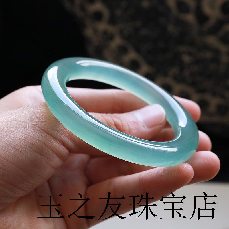 缅甸翡翠色天青少女款高冰晴水岫玉蓝水危料海宝蓝色正圈圆条玉镯